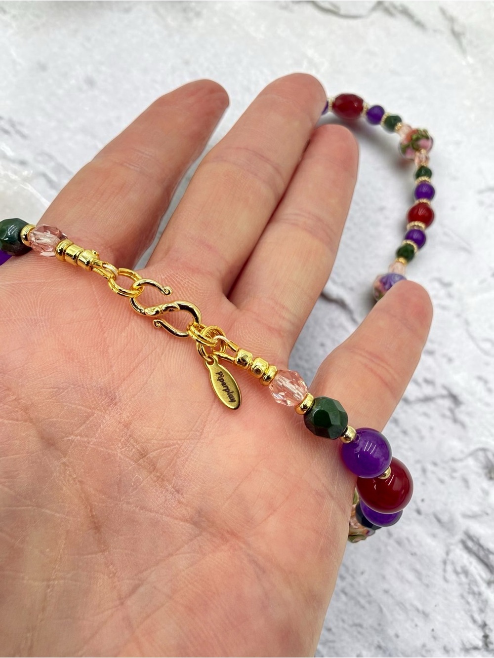Artisan Handmade Amethyst Carnelian Lampwork Floral Necklace 20” Gold Floral Lux - Picture 8 of 17